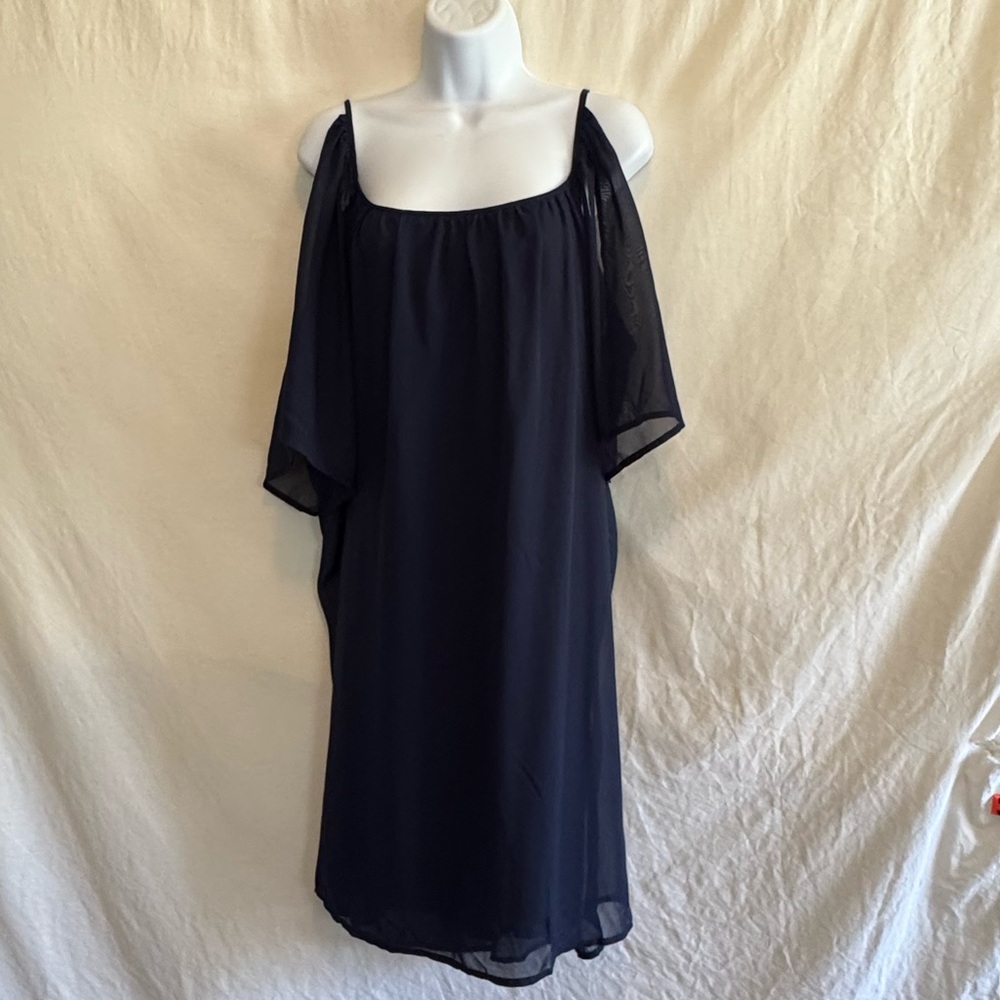 E-97 Bailey Blue PLUS SIZE 2X Blue Lined Cold Shoulder Short Sleeve MIDI Dress